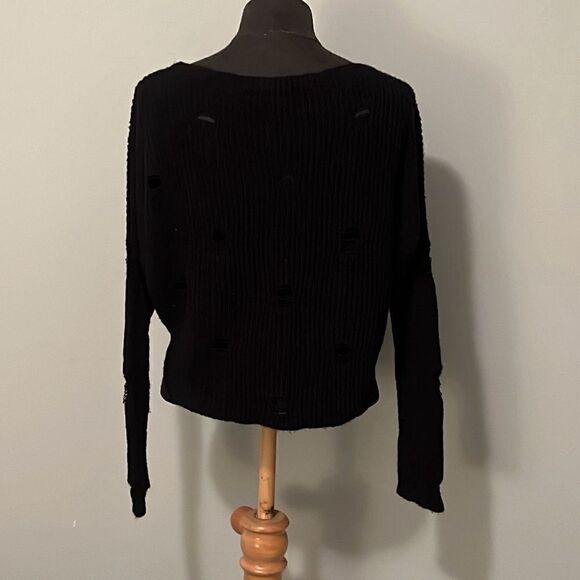 Express Womens Black Ribbed Boat Neck Distressed Cropped Pullover Sweater Medium - Picture 3 of 7
